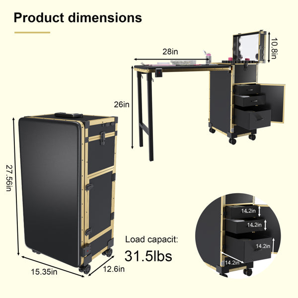 Portable Nail Art Table W/ LED Mirror, Bluetooth, Lockable Drawers, Telescopic Pole - Folding Manicure Station For Salons (black&gold)